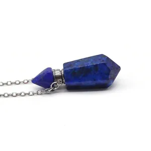 Macro detail of hexagonal lapis lazuli pendant and silver necklace chain texture