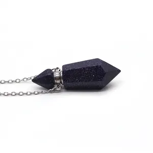 Detail showing blue sandstone hexagonal prism essential oil bottle pendant on silver chain