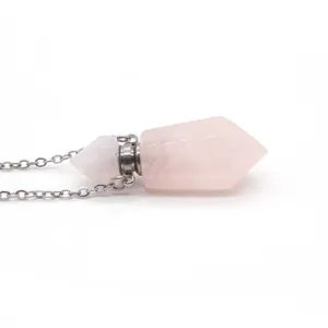 Pink natural stone hexagonal pendant perfume bottle necklace with silver chain