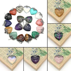 Hartvorm Natuursteen Hanger Met Retro Holle Koperen Bail Voor DIY Sieraden Maken Amethist Rozenkwarts Ketting Accessoire