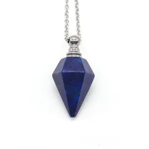 Detailed close-up of a Lapis Lazuli hexagonal aromatherapy perfume bottle necklace