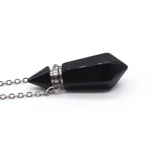 Obsidian crystal perfume bottle necklace with hexagonal pillar pendant and silver chain