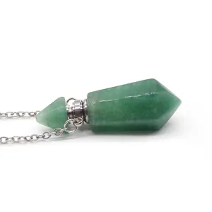 Green hexagonal natural stone perfume bottle necklace with polished silver chain
