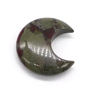 Vue macro d'une pierre naturelle d'Unakite en forme de lune polie avec taches rouges
