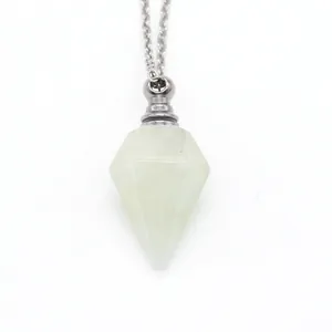 Natural light green stone hexagonal perfume bottle pendant necklace with silver chain