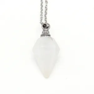Minimalist white crystal hexagonal pendant necklace with silver chain for essential oils