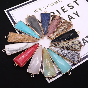 Set of 14 triangle natural stone pendants with gold-plated edges for DIY jewelry making