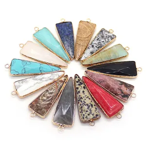 Set of 12 triangular natural stone pendants with gold plating and various mineral textures