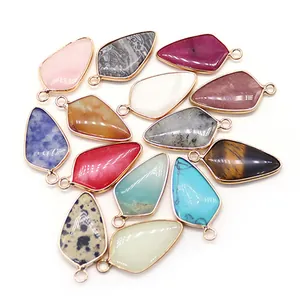 Set of 13 natural stone shield pendants with gold metal frames for DIY jewelry making