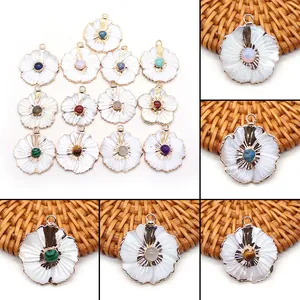 Pendentif en Coquille d'Eau Douce Pétale de Fleur Seul (Sans Chaîne) Avec Incrustation de Pierre Naturelle Cuivre Plaqué Or Accessoire de Bijouterie DIY Femme