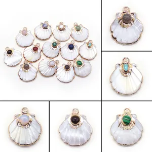 Natural Freshwater Shell Scallop Shape Pendant Inlaid Natural Stone Copper Gold Plated DIY Jewelry Making Charms Accessory