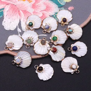 Natural shell scallop pendant with inlaid gemstone and golden plating metal frame