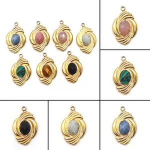 Vintage Stainless Steel Natural Stone Oval Pendant Gold Spiral Texture Geometric Charm For DIY Jewelry Making Necklaces