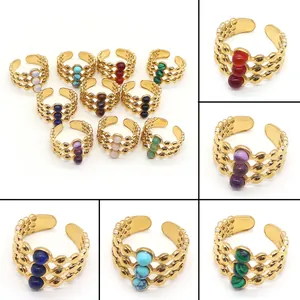 Egyptian Style Multi Layer Stainless Steel Open Ring Inlaid Natural Stone Beads Exotic Ethnic Bohemian Jewelry For Women