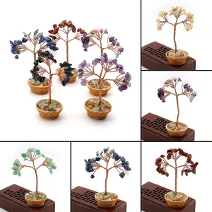 Mini Árbol de la Vida de Cristal de Piedra Natural Hecho a Mano Base de Cesta Tejida Alambre de Cobre Decoración Escritorio Hogar