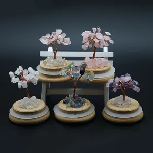 Five-piece natural crystal stone money tree set with copper wire on wooden bases