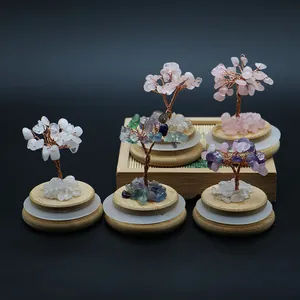 Handmade natural crystal money tree set with wire-wrapped copper branches and wood bases