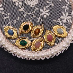 Gold vintage oval pendants with natural stones and spiral texture for jewelry making
