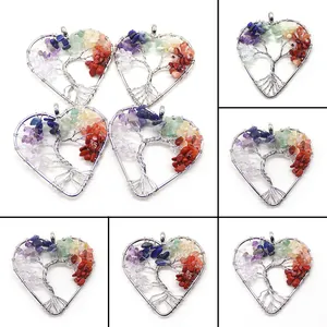 Natural Stone Crystal Chip Tree Of Life Heart Pendant Stainless Steel Wire Wrapped Healing Jewelry DIY Pendant Accessory