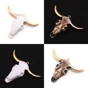 Bull Head Skull Pendant Acrylic Resin DIY Jewelry Making Accessory For Necklace Sweater Chain Gold Plated Horns Bohemian Style