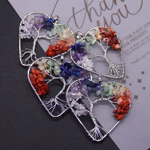 Handmade wire-wrapped tree of life heart pendants with natural crystal stone accents