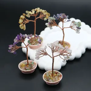 Árbol de la vida de cristal natural hecho a mano con alambre de cobre para decoración
