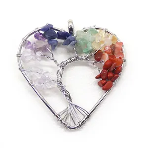 Macro detail of heart-shaped Tree of Life pendant with colorful seven chakra natural stones