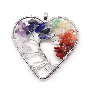 Detailed wire-wrapped silver heart pendant featuring colorful natural gemstone tree of life