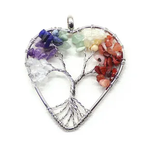 Detailed wire-wrapped heart pendant featuring colorful crystal stones and tree of life design