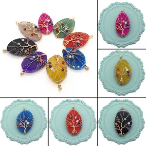 Handgemaakte Draadgewikkelde Levensboom Agaat Schijf Hanger Natuursteen Chakra Kralen Onregelmatige Edelsteen Alleen Hanger Zonder Ketting