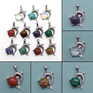Dolphin Whale Shaped Natural Stone Pendant Only Without Chain Electroplated Copper Inlaid Round Bead For DIY Necklace Jewelry Making Women Men Charms