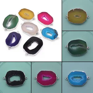 Ciondolo Connettore Fetta di Geode di Agata Naturale Placcato Argento Pietra Irregolare Per Fai da Te Creazione Gioielli Accessorio