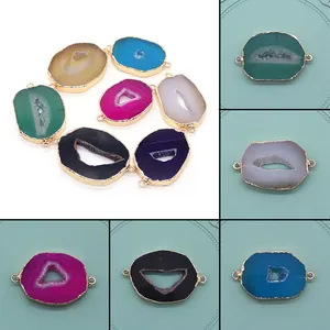 Natuursteen Agaat Druzy Connector Hanger Onregelmatige Plak Met Dubbele Lussen Vergulde Goudrand Voor DIY Sieraden Maken
