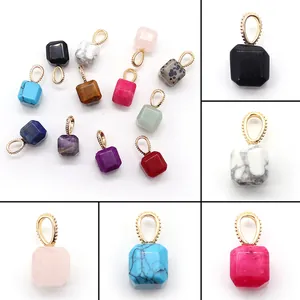 Natural Stone Cube Square Pendant With Copper Beaded Ring Charm For DIY Jewelry Making Necklace Accessories Rose Quartz Amethyst Lapis Lazuli Tiger Eye For Women