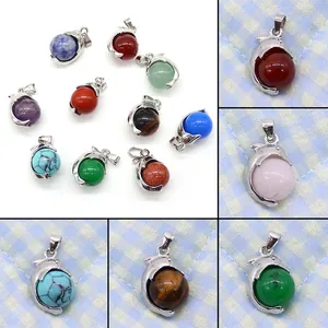 Natural Stone Dolphin Shape Pendant Round Bead Electroplated Metal Charm For DIY Jewelry Making Necklace Accessories Women