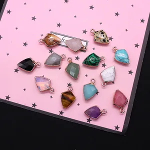 Faceted shield natural stone pendants with gold plated edges for DIY jewelry making