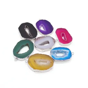 Natural agate geode slice pendants in seven colors with silver plated edges and rings