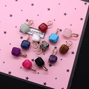 Natural gemstone cube pendants with beaded gold rings featuring turquoise and amethyst stones