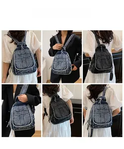 Fashionable vintage washed denim backpack in blue and black shown in multiple style views