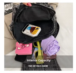 Internal capacity of black canvas backpack showing storage for phone and umbrella