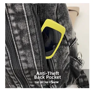 Close-up of anti-theft back pocket on dark gray washed denim backpack with sunglasses