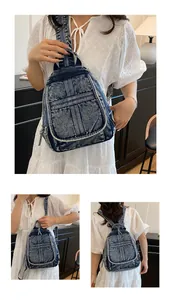 Multiple views of a vintage denim backpack with compartments and washed blue finish