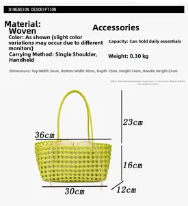Detailed size chart of neon green woven tote bag with handle height and dimensions