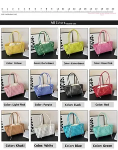 Close-up of handmade woven beach bags in twelve vibrant colors with drawstring liners