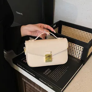 Women's PU Leather Handbag Minimalist Square Shoulder Bag With Gold Metal Lock Topstitching Retro Crossbody Bag For Women Daily Commuting Party