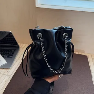 Women Fashion PU Leather Chain Bucket Bag Large Capacity Drawstring Shoulder Crossbody Bag Trendy Commuter Handbag