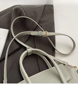 Close-up of light gray leather handbag showing adjustable strap and golden metal buckle