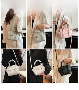 Fashionable small handbag shown in multiple colors worn across the body by a model