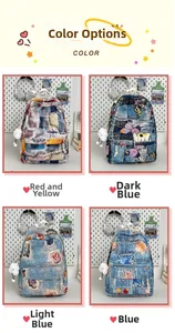 Four colorful mini denim fringe backpacks in red, yellow, dark and light blue styles