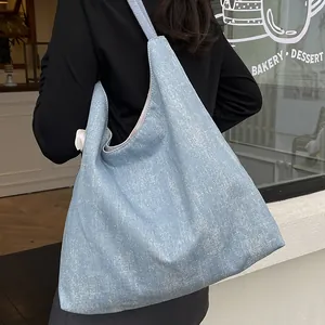 Blue denim tote bag with rhinestones, large capacity shoulder bag for women's daily use